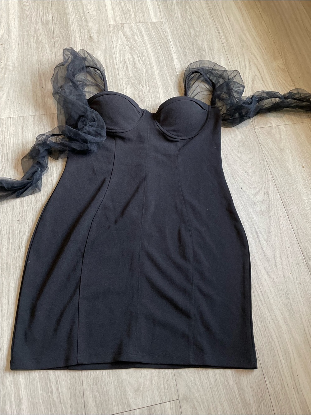 Black Strapless Mesh-Sleeve Bodycon Dress